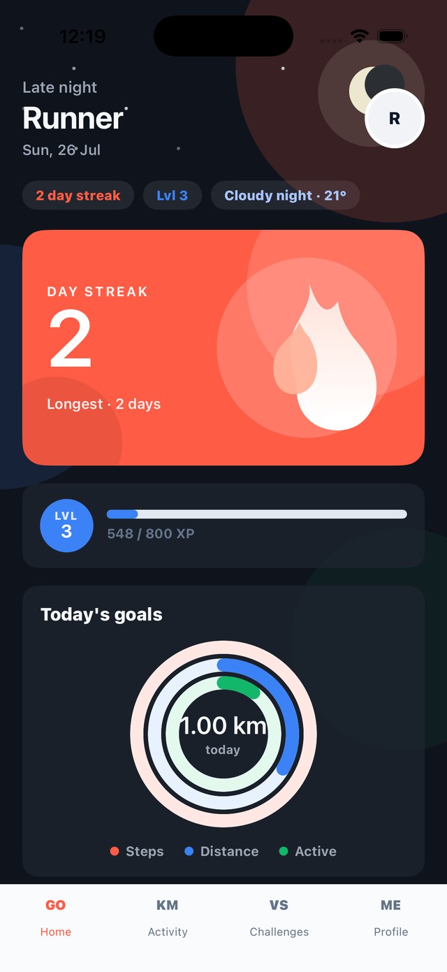 TrackFit India home screen showing streak, level, and today’s goals