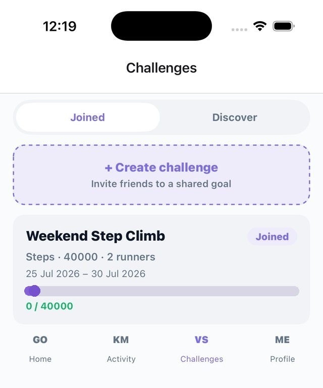 Challenges list screen showing a joined step challenge