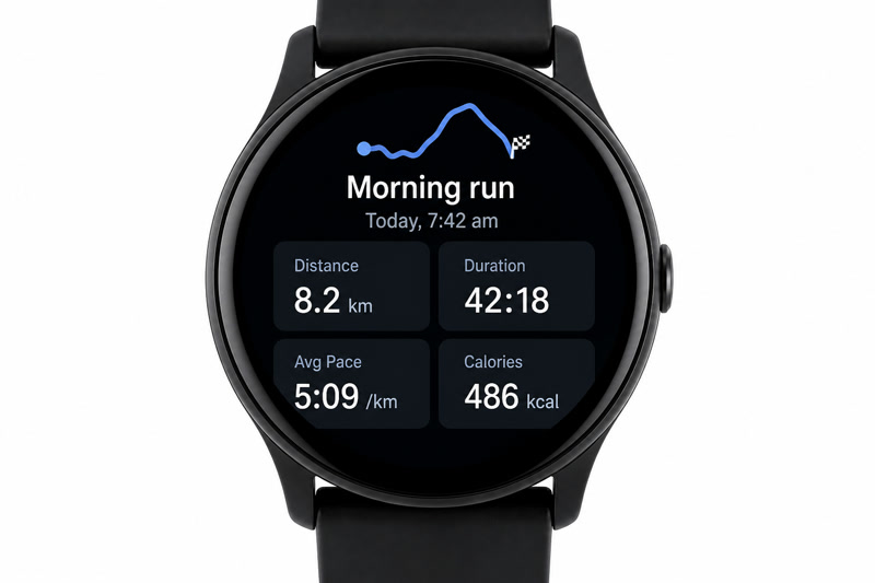 Concept design of a smartwatch post-run summary with stats grid