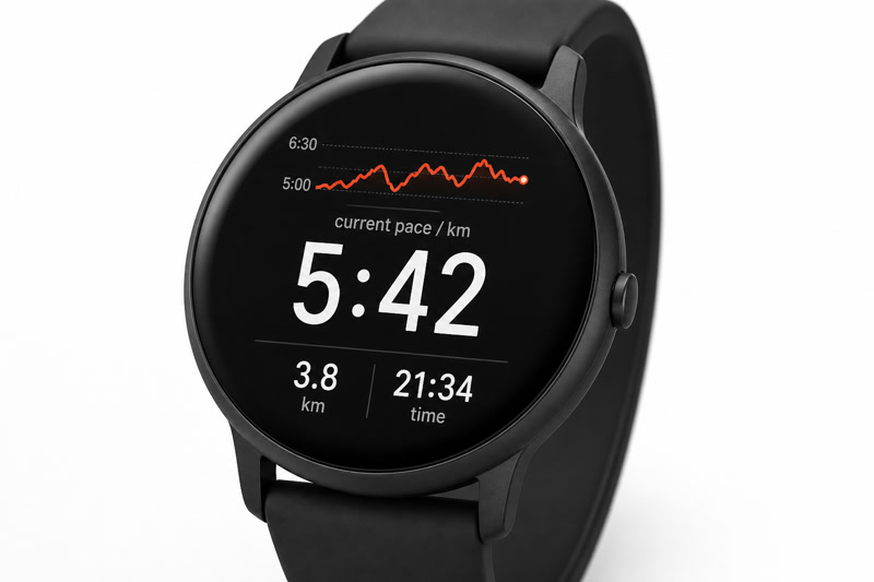 Concept design of a smartwatch live tracking screen showing pace, distance, and time